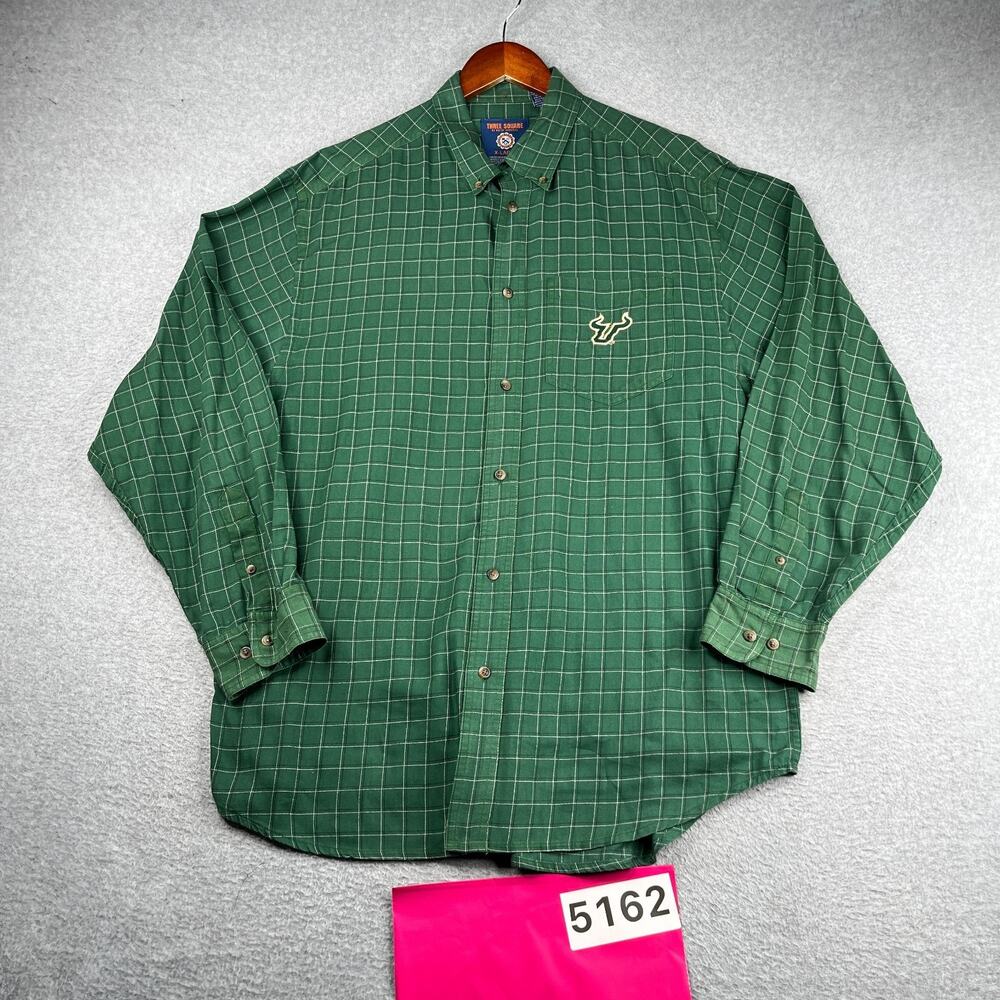 USF Bulls Shirt Green Check Embroidered Logo Button Up Long Sleeve Men XL *SEE